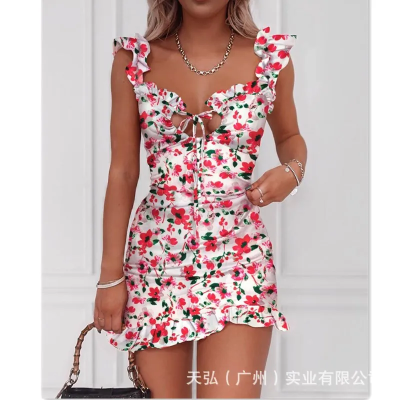 

2020 new dress short short suspender skirt ruffled floral imitation cotton and linen skirt dress summer 20201 bandage dresses