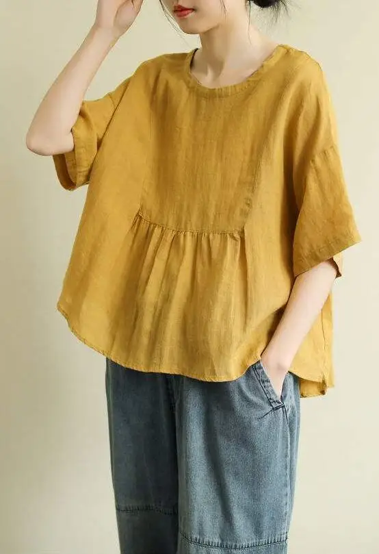 

Женская свободная футболка с коротким рукавом, универсальная Повседневная футболка из хлопка и льна с круглым вырезом, лето 2021