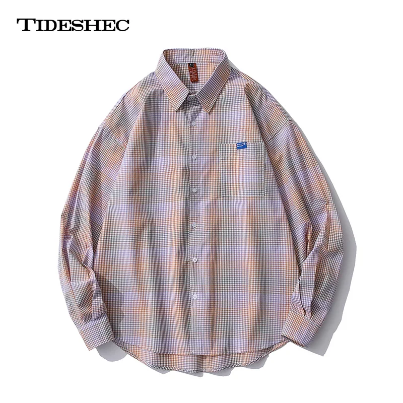 

Мужская рубашка в клетку, Повседневная Уличная рубашка с длинным рукавом, с отворотом, на пуговицах, в Корейском стиле, 2021