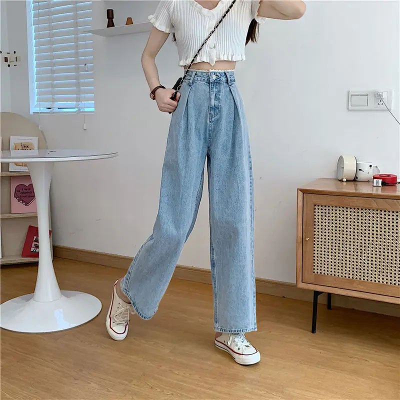 

Lace-edged 2021 Autumn Wide Leg Loose Pants Aesthetic Straight Slim Denim Baggy Flared Pants Femme Sweet Women High Waist Jeans