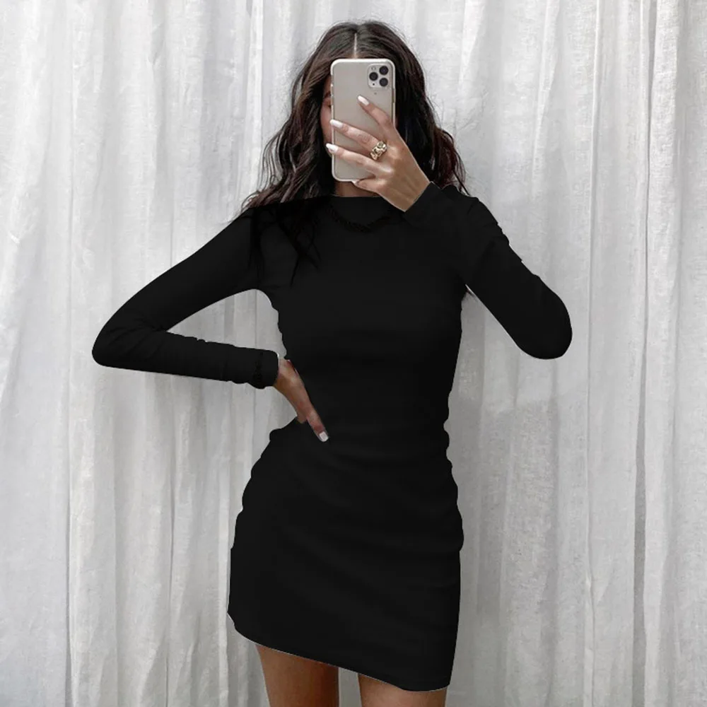 

2021 Women's New Winter Dress Casual Fashion Commuter Style Waist Slim Long-sleeved Round Neck Solid Color Sexy Hip Dresses