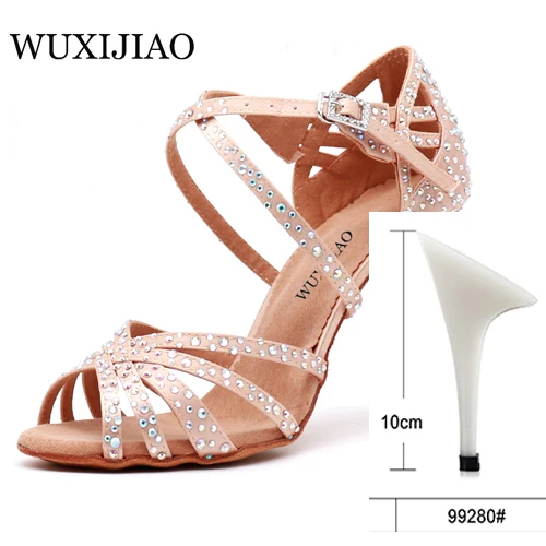 Skin heel heel 10cm WUXIJIAO Женская танцевальная обувь для вечеринки Атласная блестящая обувь для латинских танцев с мягкой подошвой и стразами Женская обувь для сальсы heel5CM-10CM - Цвет: Skin heel heel 10cm