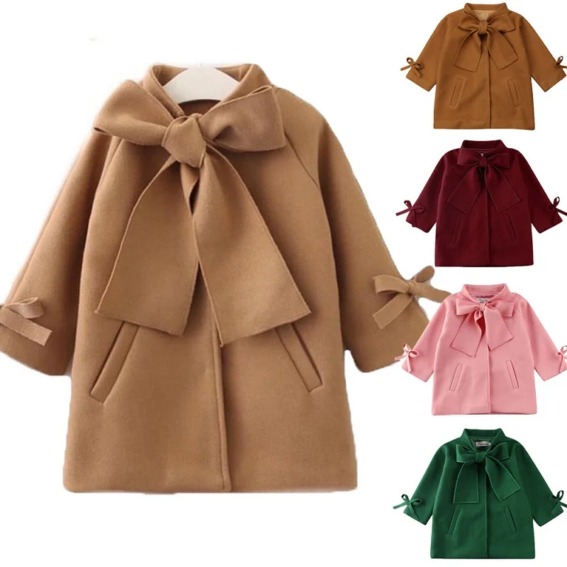 

Kids Baby Girls Overcoat Woolen Bowknot Coat For Girl Outerwear Winter jacket Snowsuit 2-10year Girls' trench coat Windbreaker