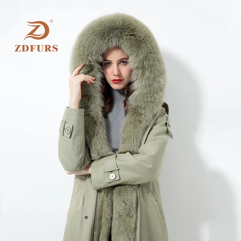 ZDFURS * 2019 меховая парка из кролика рекс для женщин с роскошным лисьим мехом