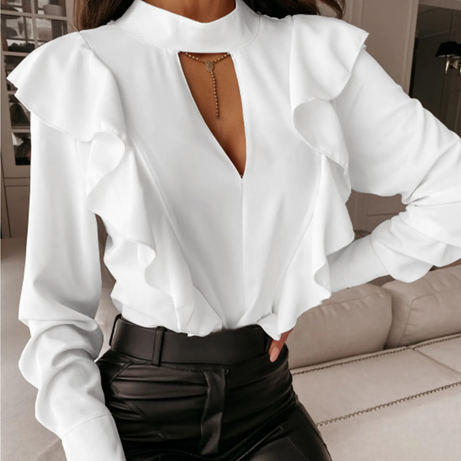 

Элегантная модная блузка с оборками, рубашка, топы с круглым вырезом, повседневные осенне-зимние женские блузы с длинным рукавом, пуловер
