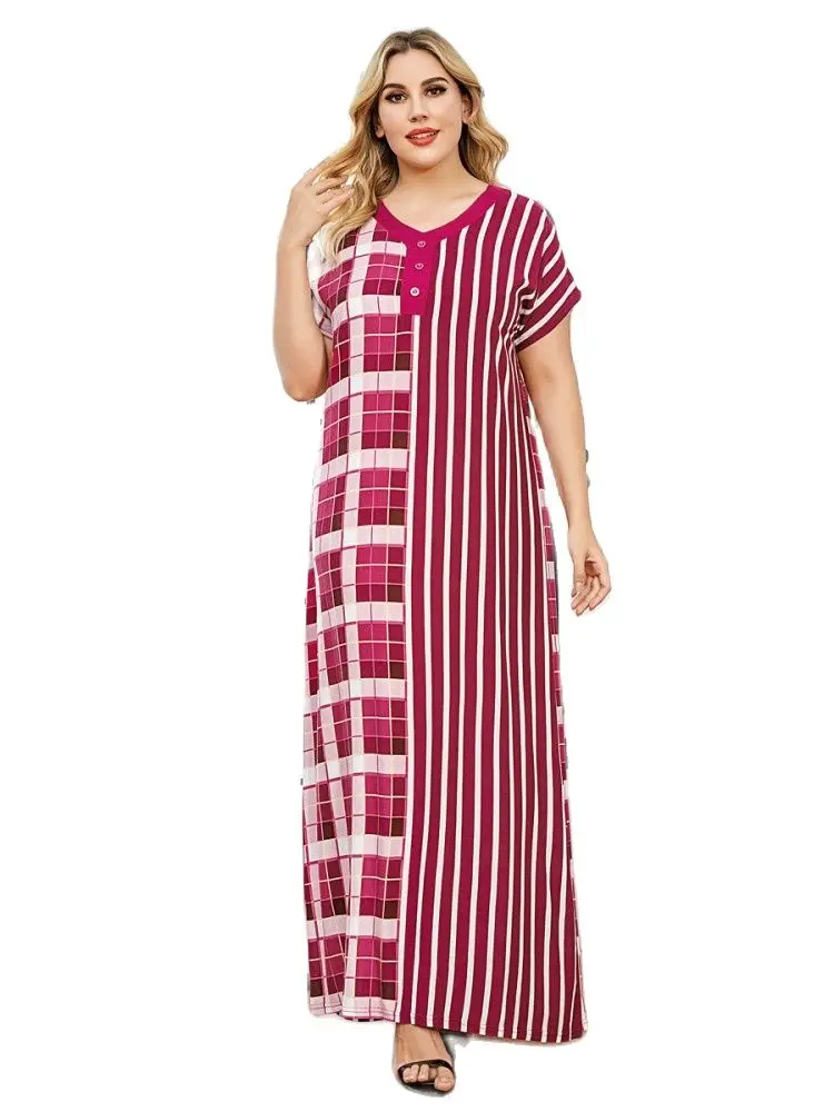 

L-3XL Plus Size Dress 2021 New Women's V-Neck Short Sleeves With Button Positioning Printing Elegant And Dignified Long Skirt