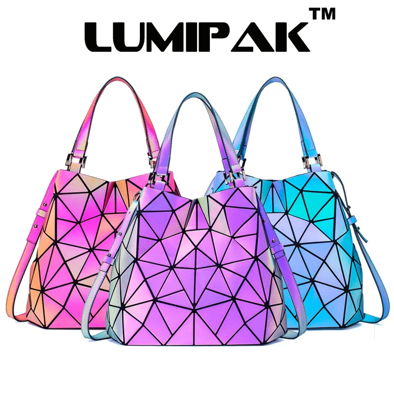 

2021 Luminous Crack Designer Holographic 2 in 1 Bucket Bag Fashion Woman Shoulder Bag Detachable Strap Geometric Bag