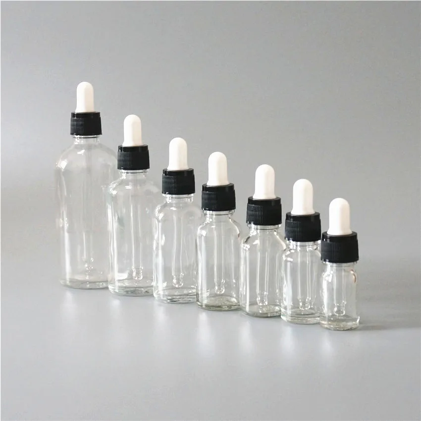 

5/10/15/20/30/50/100ml Reusable Refillable Essential Oil Bottle White Rubber Head Dropper White Cap Clear Cosmetic Container