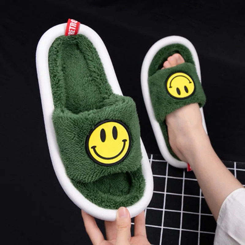 

WEH Smiley Face winter men Slippers Fluffy Push Indoor Slippers for men Cute Cartoons Bedroom Slides Female house slippers men