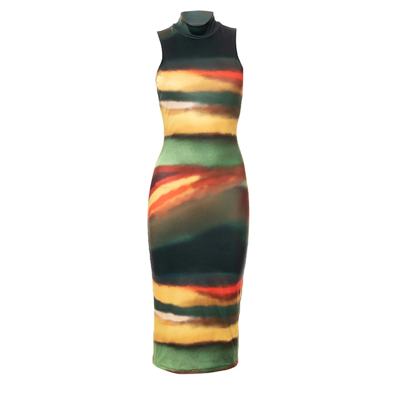 

2021 New Arrival Women Autumn Sheath Dress, Adults Sexy Sleeveless Gradient Print Round Neck