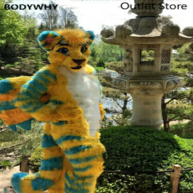 Желтый длинный мех Хаски волк собака талисман костюм косплей Fursuit Хэллоуин