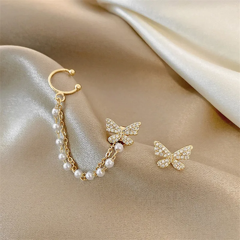 

IOY IRENE Bohemia Asymmetric Butterfly Pearl Chain Tassel Stud Earrings For Women 2021 New Ear Bones Jewelry