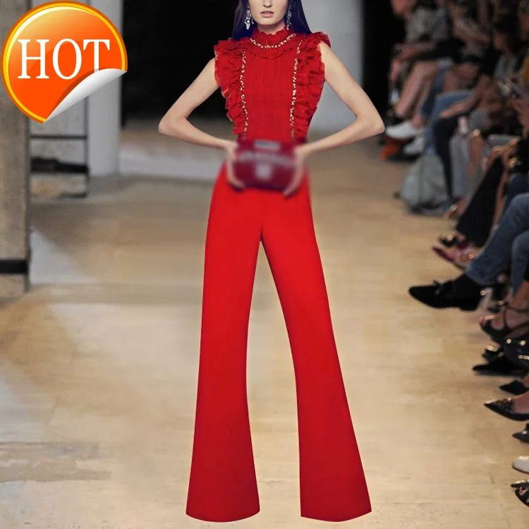 

Temperament show 2021 new style Ruffle collar exquisite Beaded sleeveless Red Jumpsuit