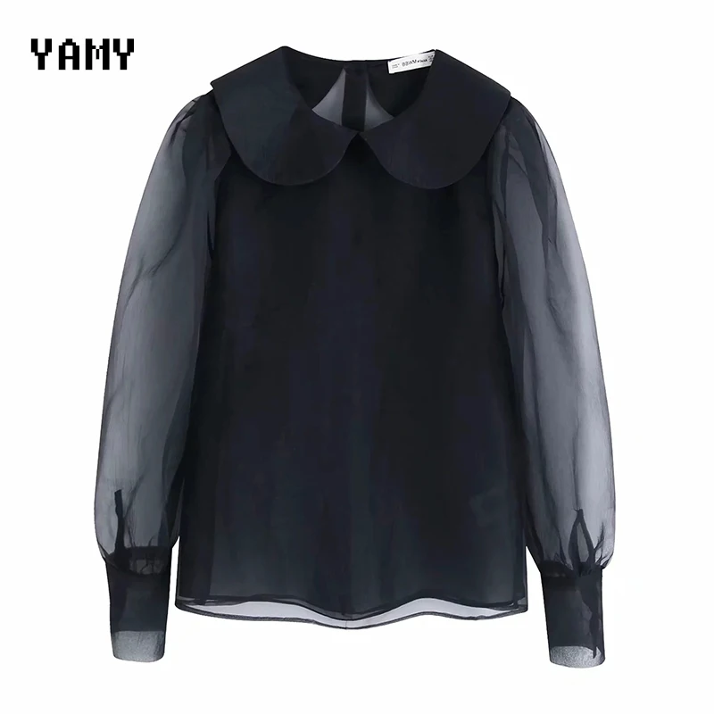 Новинка женские блузки из органзы длинные сетчатые рукава шикарная женская