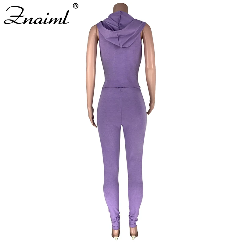 

Women Suit Tracksuit Solid Color Sportwear Sleeveless Hooded deep v Zipper Two Pieces Set Coat +Long Pants Outfit Clubwear 2020