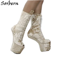 sorbern khaki velvet heelless boots female lace up open toe no heels ankle booties lace up stripper heels custom colors