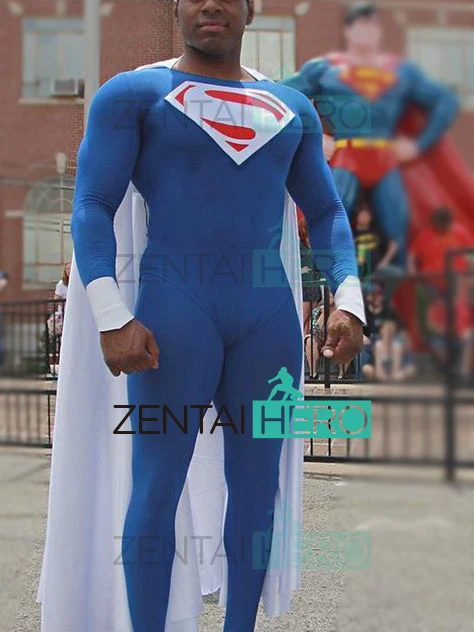 

Custom Made Blue And White Spandex Super Hero Man Cosplay Costume with Cape Comic Superhero Lycra Zentai Bodysuit