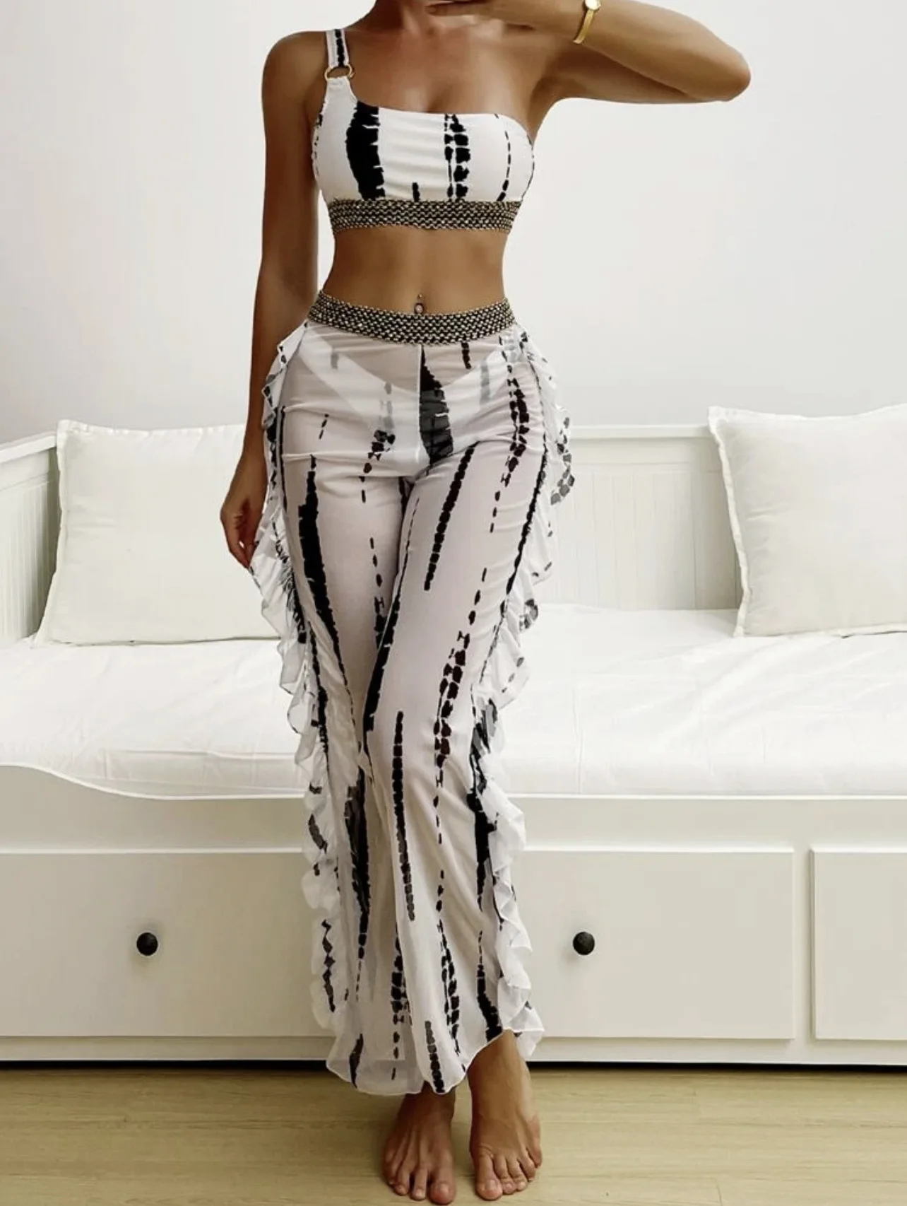 

Sexy One-shoulder 3 Piece Bikini Set 2022 Mesh Long Pants Cover Up Swimsuit Women's Print Swimwear Brazilian Bathing Suit