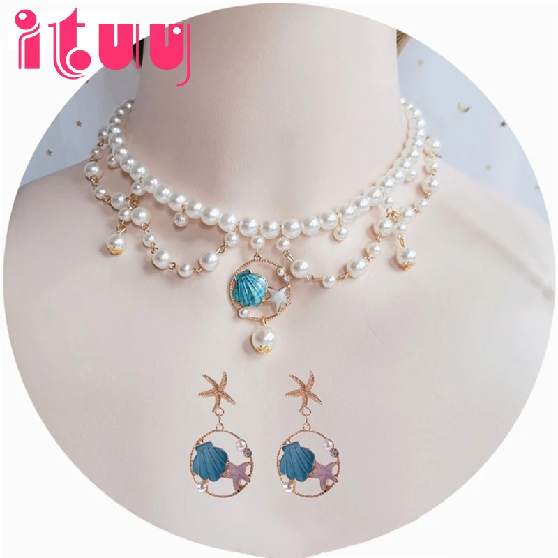 

Handmade Lolita Retro Baroque Gem Necklace Ocean Shell Pendant Pearl Necklace Wedding Sweet Collarbone Chain Necklace Accessory