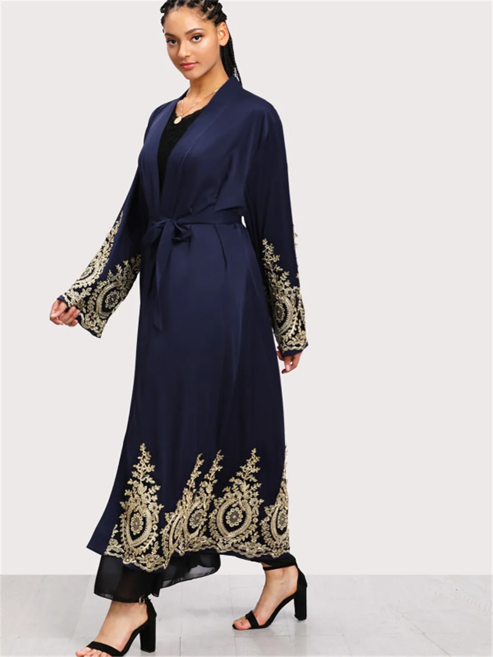 Женский кардиган в Дубае Abaya Розовое Кимоно с длинным рукавом и золотыми