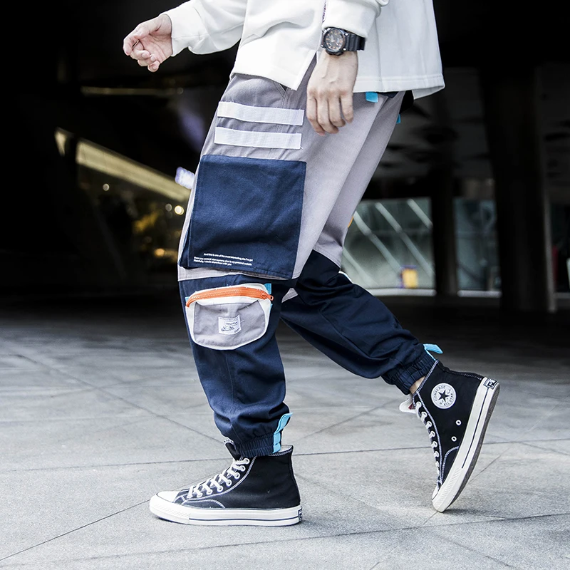 Лоскутные брюки шаровары для бега Харадзюку с несколькими карманами мужские в