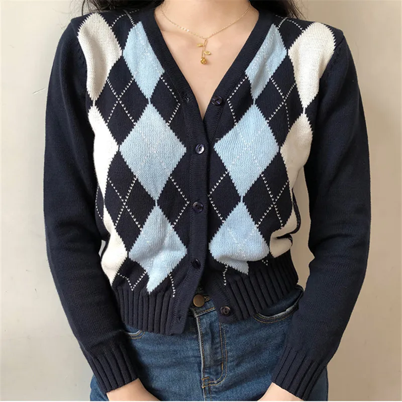 Women Cardigan Argyle Knit Sweater Vintage Stylish Geometric Pattern Slim Crop Top V-Neck England Style Long Sleeve Outerwear |