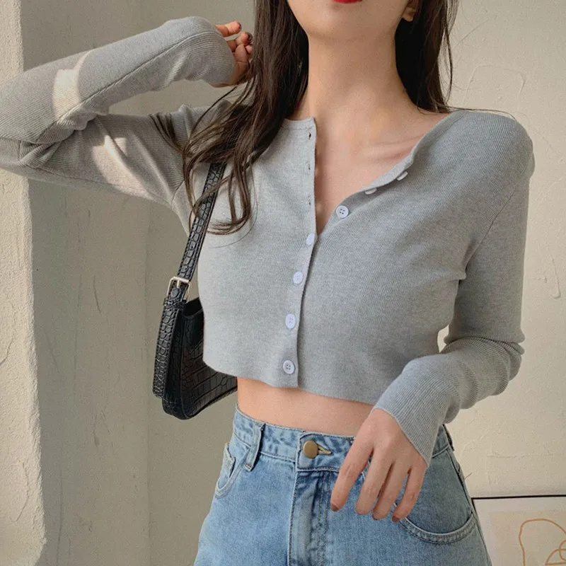 

Thin Women's Knitted Cardigan Sexy Solid Color T-shirt Crop Trendy Casual Long Sleeve Women T shirt