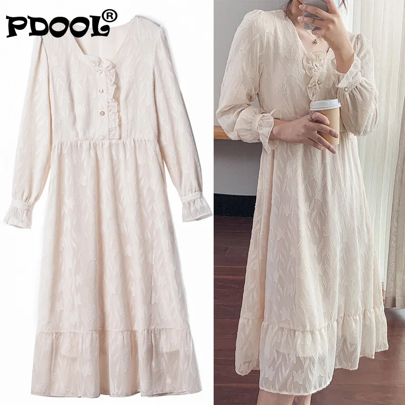 

2021 Autumn New Dress Female Long-sleeved Literary Chiffon Skirt Mid-length V-neck French Hepburn Skirt Vintage Dress