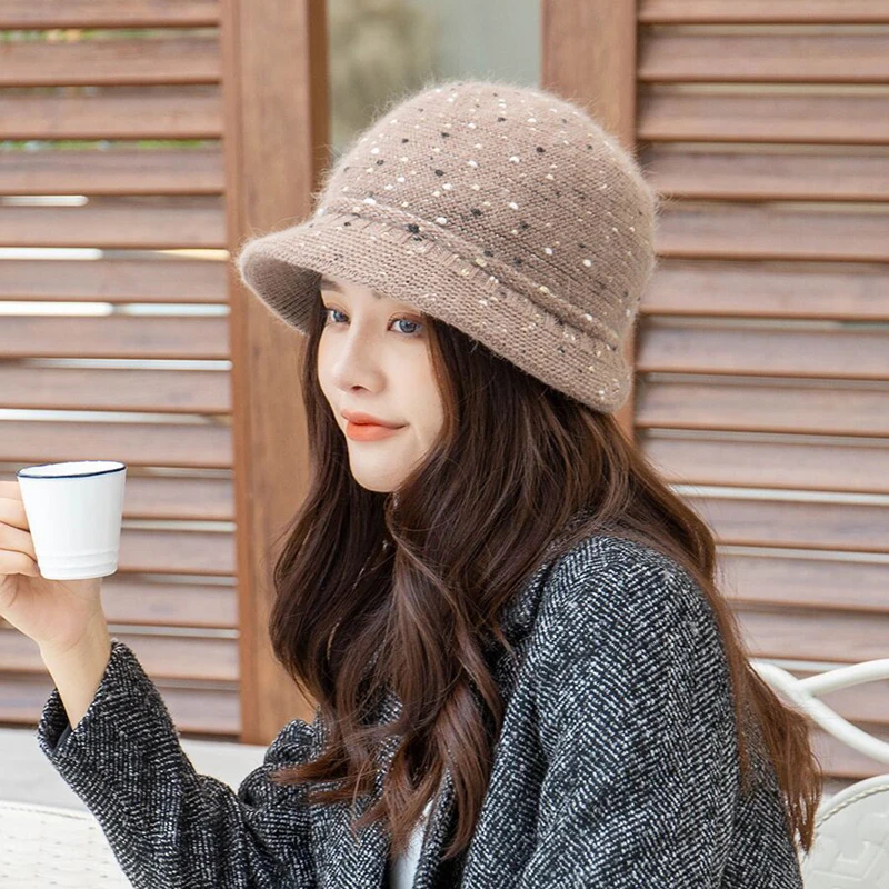 

2020 Hot Sale Winter Women Knitted Basin Cap Soft Wool Mix Rabbit Fur Hat Double Thicken Warm Beanies Female Baggy Headwear Cap