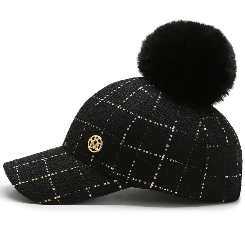 2021 New Women Pom Pom Cap Baseball Hat Plaid Hat Hair Ball Cap for Women Fashion Hipster Hat Luxury Snapback Hats Baseball Caps