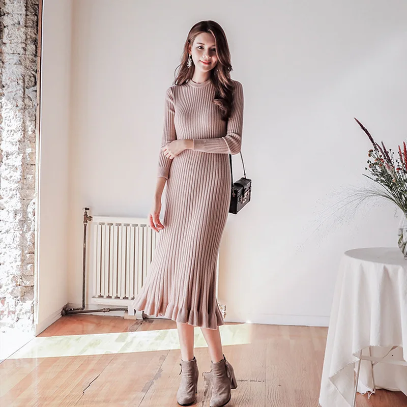 Женское платье с круглым вырезом и длинным рукавом кружевное трикотажное