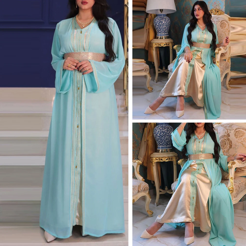 Мусульманское длинное платье Abayas, наборы шифоновых женских брюк, арабский женский кафтан Ближнего Востока с поясом, этническое марокканско...