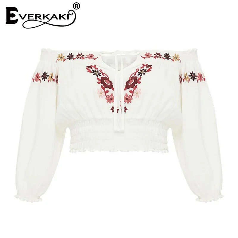 Everkaki Boho Цветочная женская блузка с вышивкой короткие топы открытыми плечами на