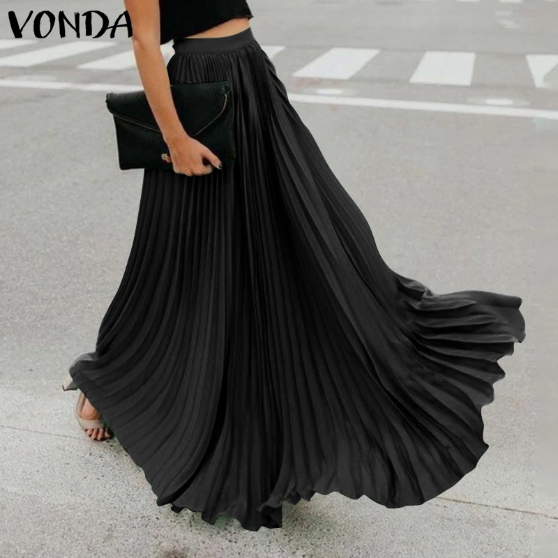 

Summer Maxi Skirts VONDA 2021 Women Pleated A-line Skirt Faldas De Mujer Loose Solid Streetwears High Waist Elegant Party Skirts