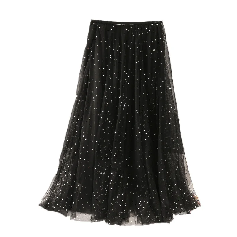 

Women Two Piece Sequins Mesh Skirt Soft Mesh High Waist Mid Length Two Skirts Elegant Mesh Pink Beige Black