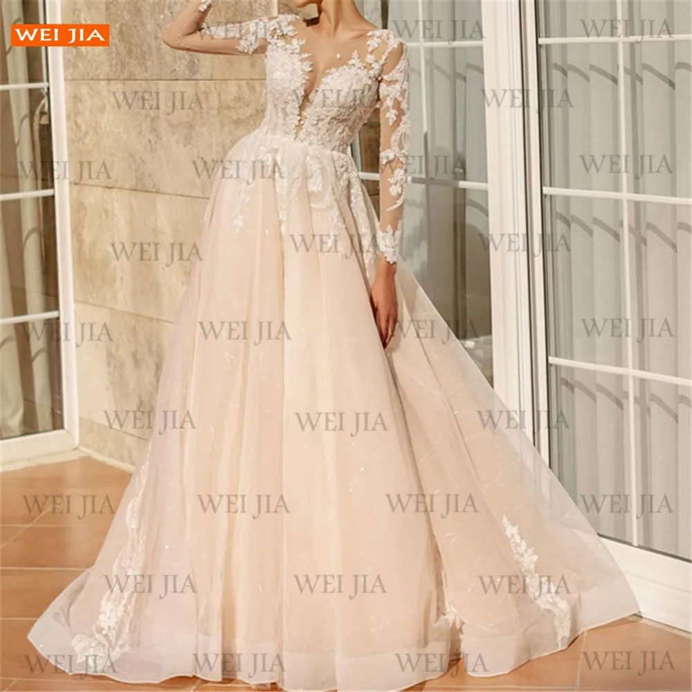 

Elegant White Wedding Dress 2021 Ivory vestido de novia O Neck Lace Applique Long Sleeves Bridal Gowns Custom Made suknia slubna