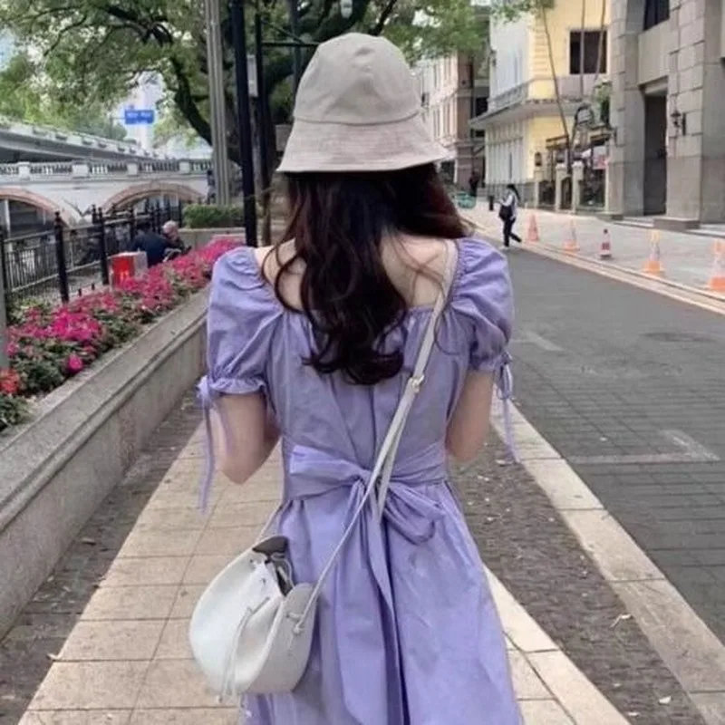 

Dress Women Short Puff Sleeve Square Collar Bow Lacing Gentle Dresses Womens Sweet Purple All Match Elegant High Waist Chic New