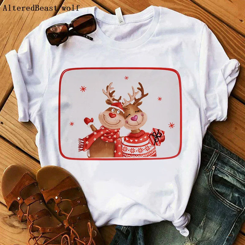 

2020 Christmas T-shirt Women Bandana Harajuku reindeer Sleeve Mom T Shirt Fashion Cartoon Funny Graphic Tshirt femme Tclothes