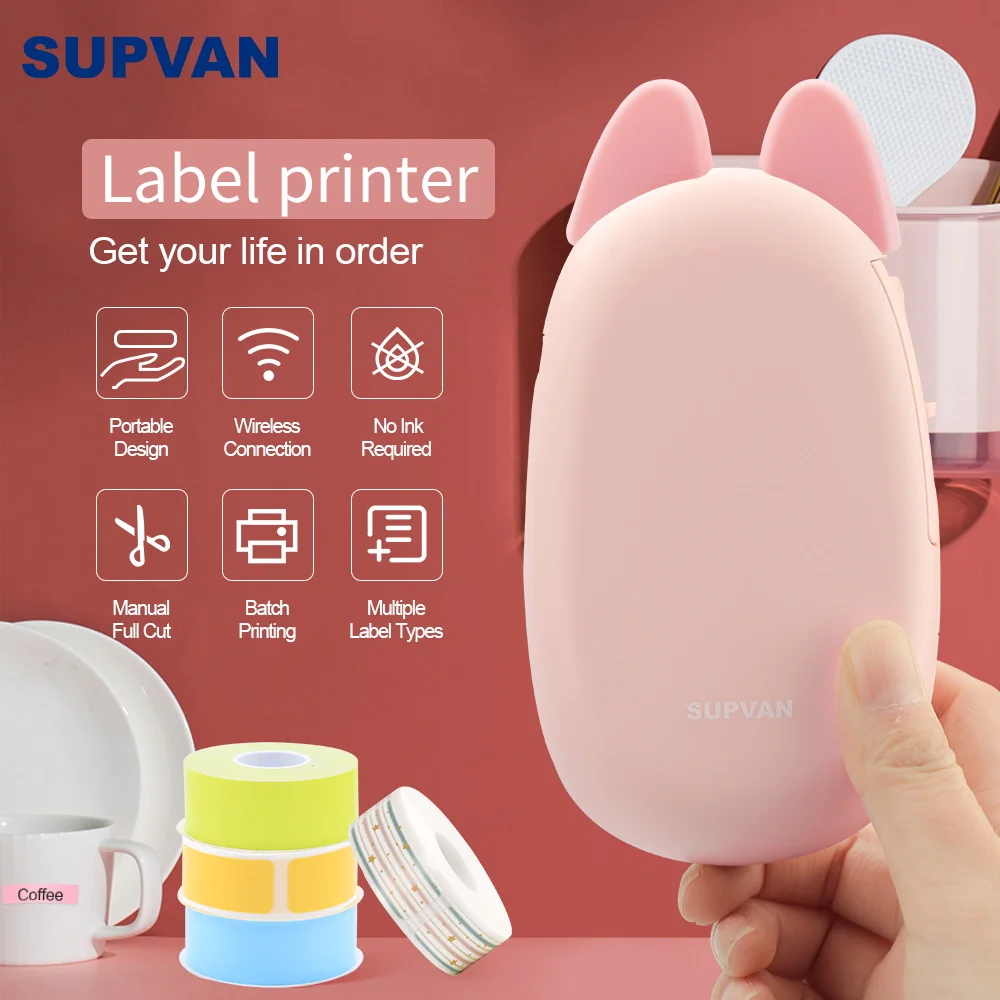 Supvan E10 Pink Label Maker with Cat Ears Smart Labeler Bluetooth Thermal Labeling Machine Hot Sticker Printers for iOS&Android