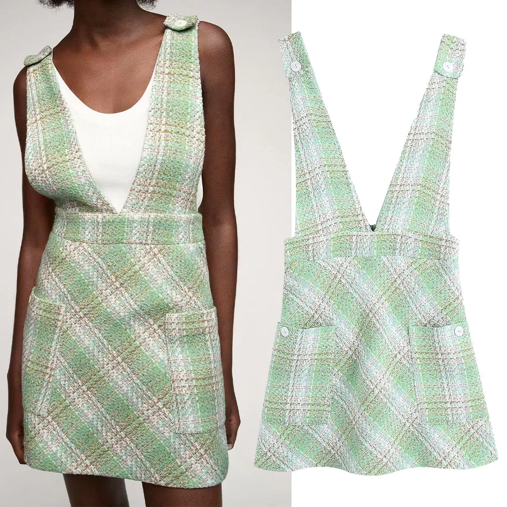 

Женский короткий комбинезон без рукавов Za, модное клетчатое платье без рукавов с карманами и поясом на резинке, 2021