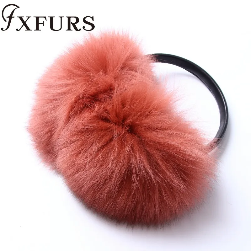 FXFURS новые модные милые объемные наушники из лисьего меха теплые меховые наушники из натурального меха с кожаной полкой для женщин защита для ушей зима - Цвет: orange red