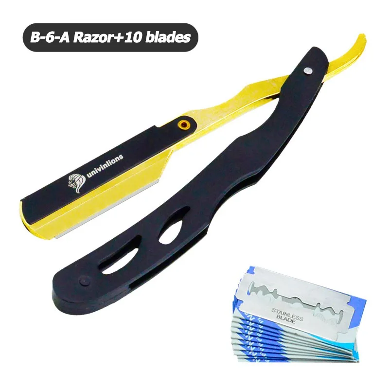Razor-10 blades Univinlions парикмахерские инструменты для бритья Бритва и лезвия для волос античный черный складной нож для бритья из нержавеющей стали прямой держатель для бритвы - Цвет: Razor-10 blades
