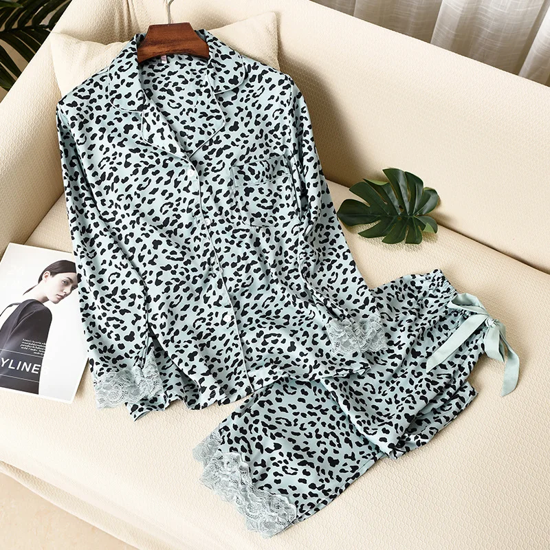 

JULY'S SONG Satin Pajamas Set Women 2 Pieces Faux Silk Spring Sleepwear Leopard Bowknot Belt Long Sleeve Trousers Loose Homewear