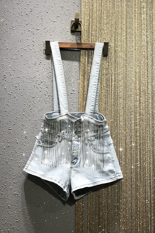 

2021 Summer New European Rhinestone Tassel High Waist Wide-Leg Denim Shorts Hot Pants Suspender Pants Women's Slimming Jeans
