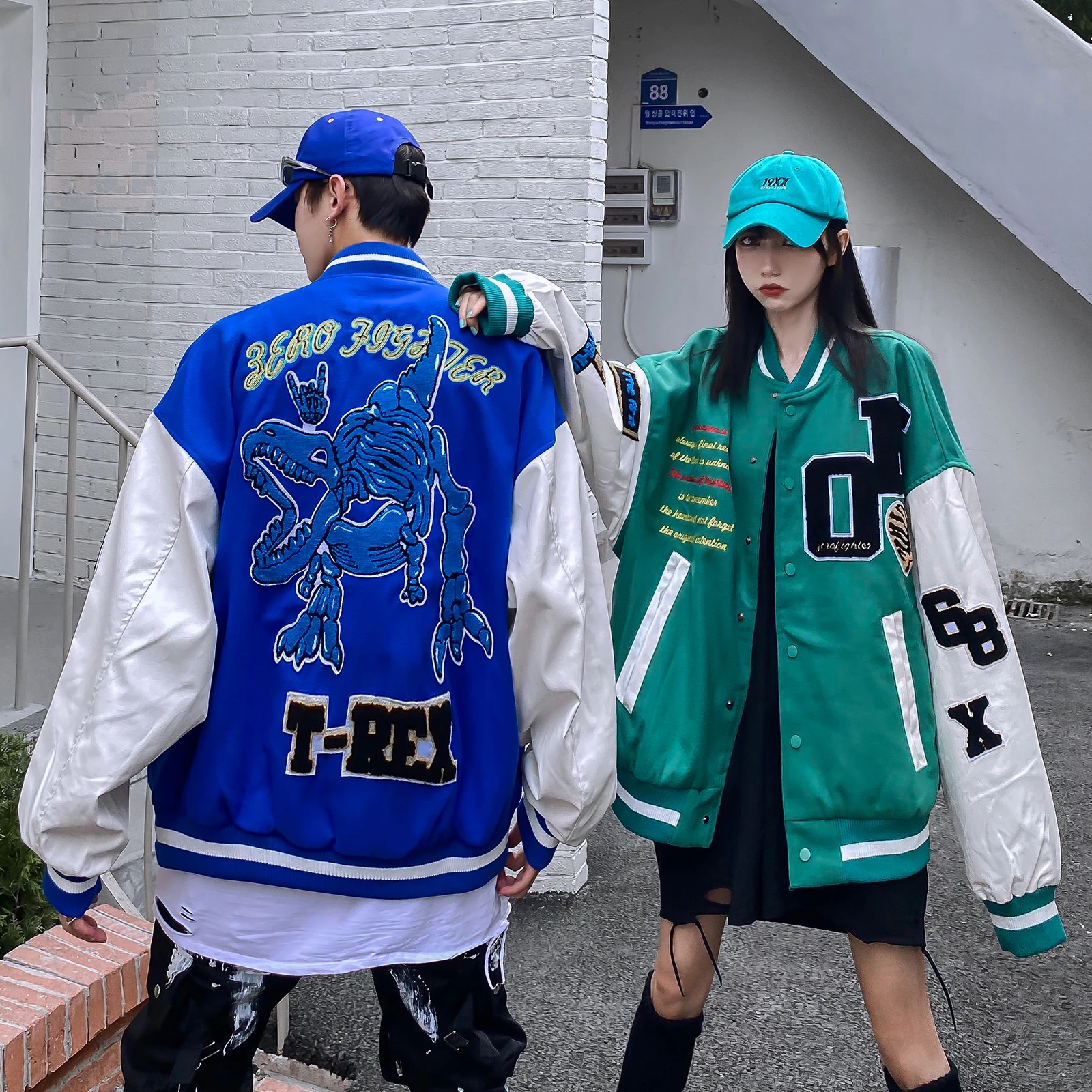 Hip Hop Varsity Baseball Jacket Men Skeleton Dinosaur Embroidery Patchwork College Coat 2021 Winter Streetwear Bomber Jackets