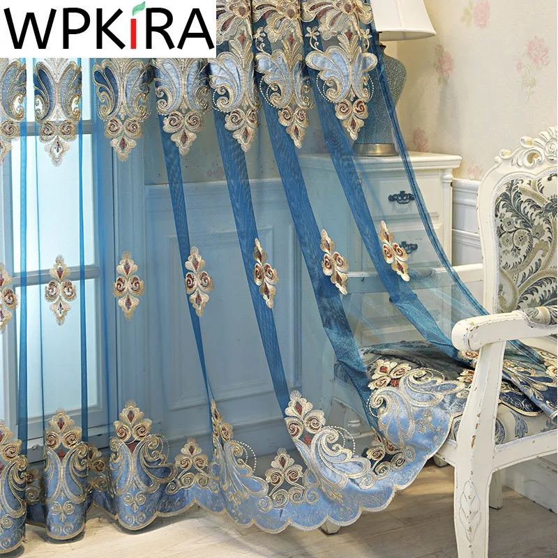 Cortinas de tul bordadas para ventana de sala de estar, lujosa pantalla azul, Panel de cortina de