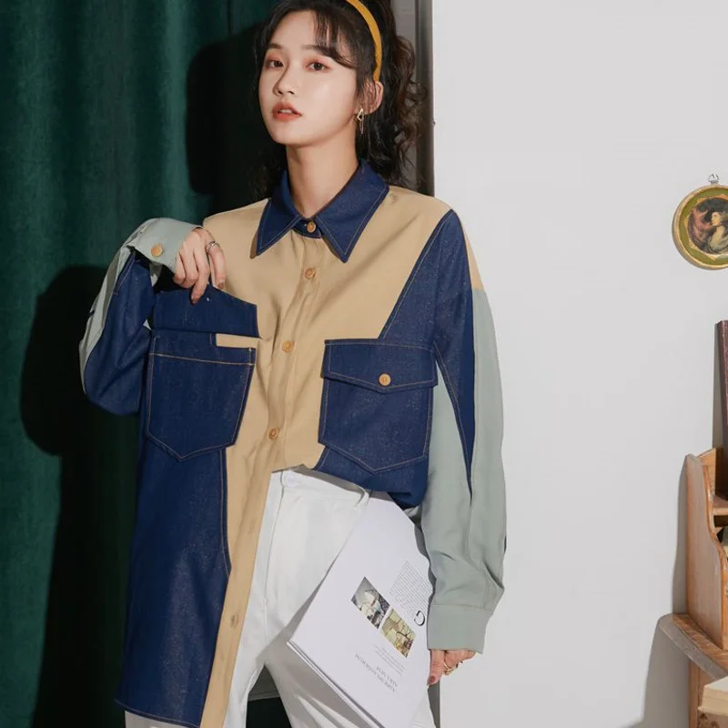 

2021 Autumn Contrasting Color Long Sleeve Denim Shirt Polo Collar Casual All-match Single-breasted Ladies Top U036