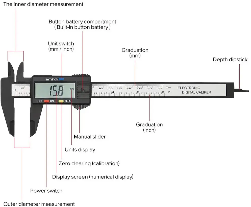 

Electronic Digital Caliper 0-150 mm Plastic Vernier Caliper Measuring Tool with Inch/Millimeter Conversion Micrometer Ruler