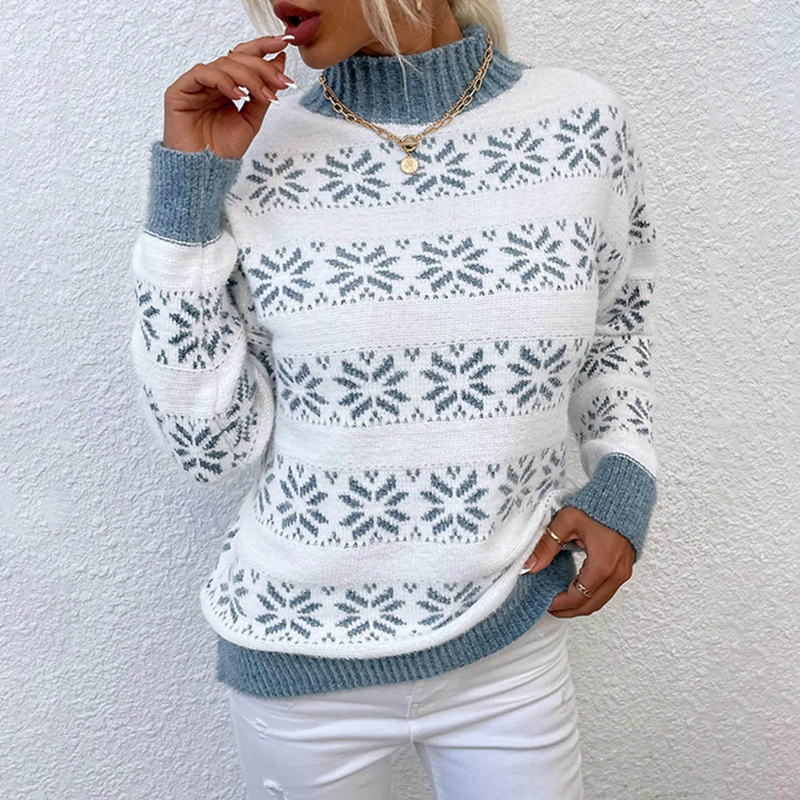 

Fashion Women's Knitwear Christmas Snowflakes Printed Long Sleeve Turtleneck Sweater Jumper Warm Pullovers Tops Pull Femme#g3