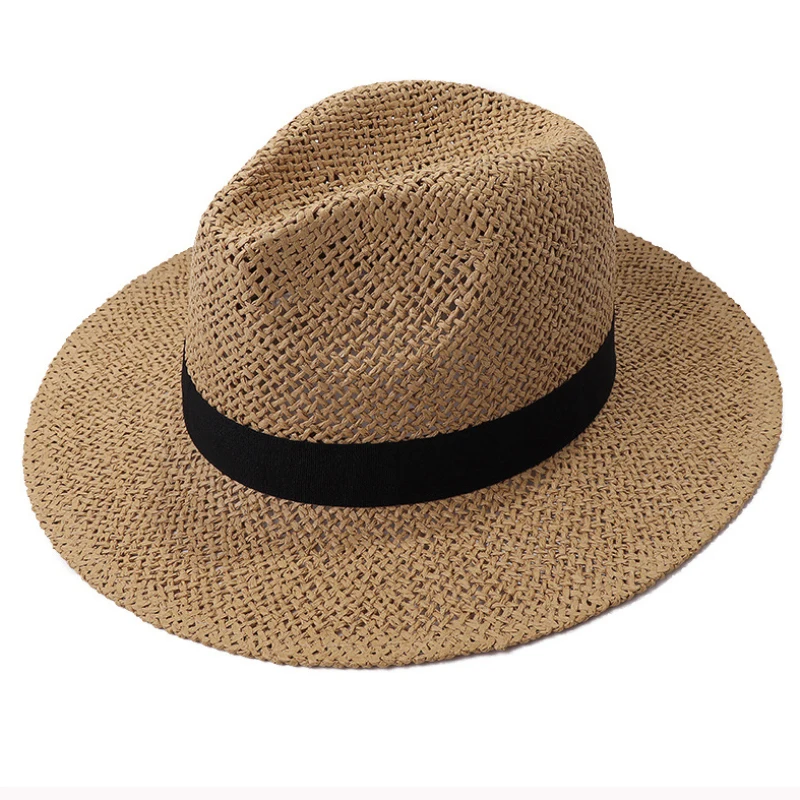 HT3119 Fedoras Black Band Straw Hat Men Women Wide Brim Summer Hat Male Female Panama Hat Beach Cap Unisex Flat Brim Beach Hat